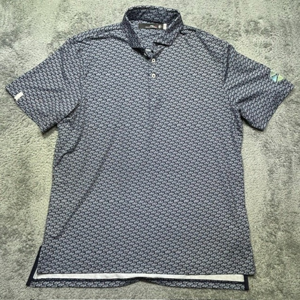 RLX Ralph Lauren Golf Polo Mens L Blue Geometric Boat Print Performance LOGO EUC